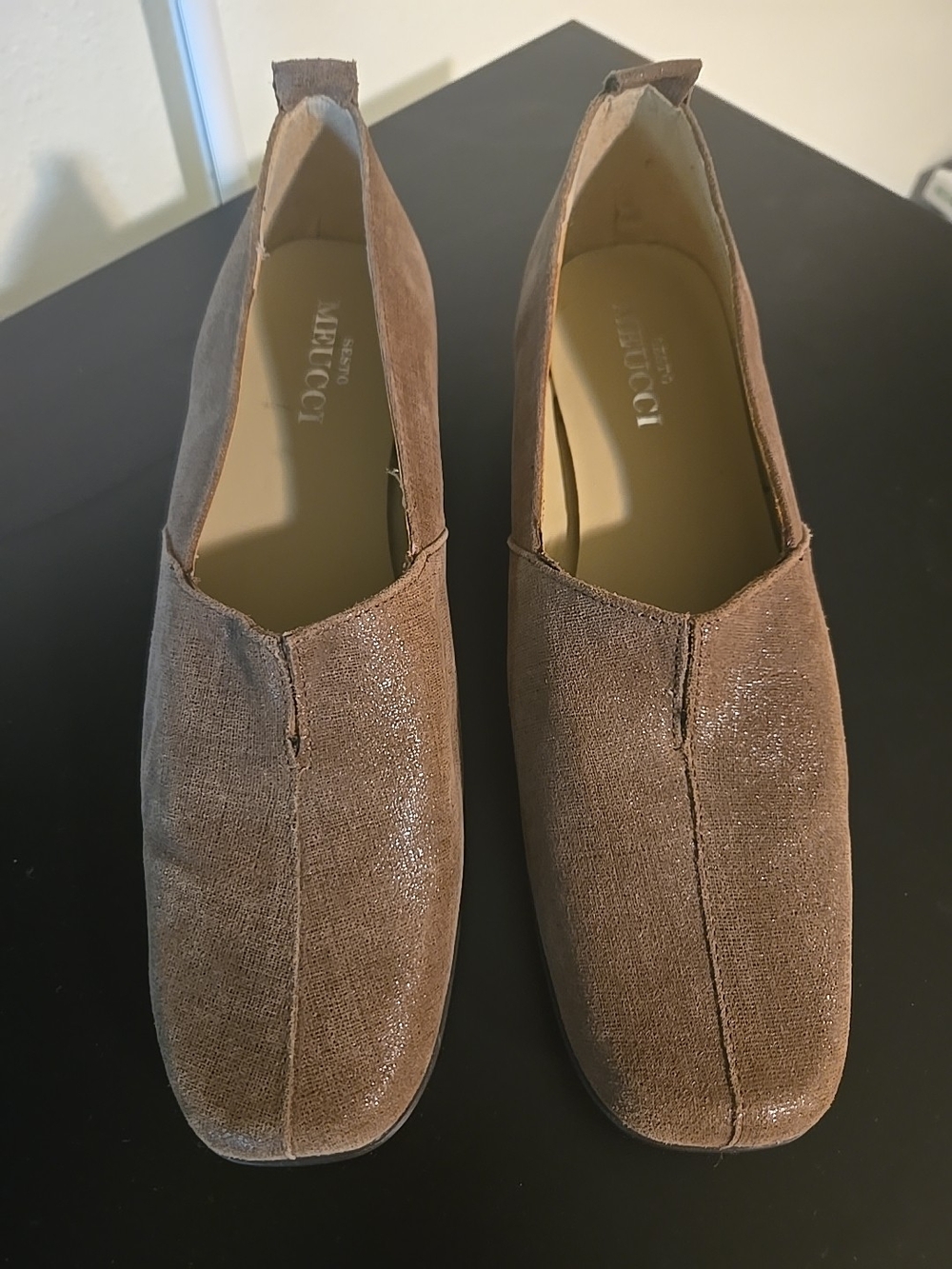 Sesto Meucci Italy Metallic Fleck Taupe Textured Leather Square Toed Flats 7.5W
